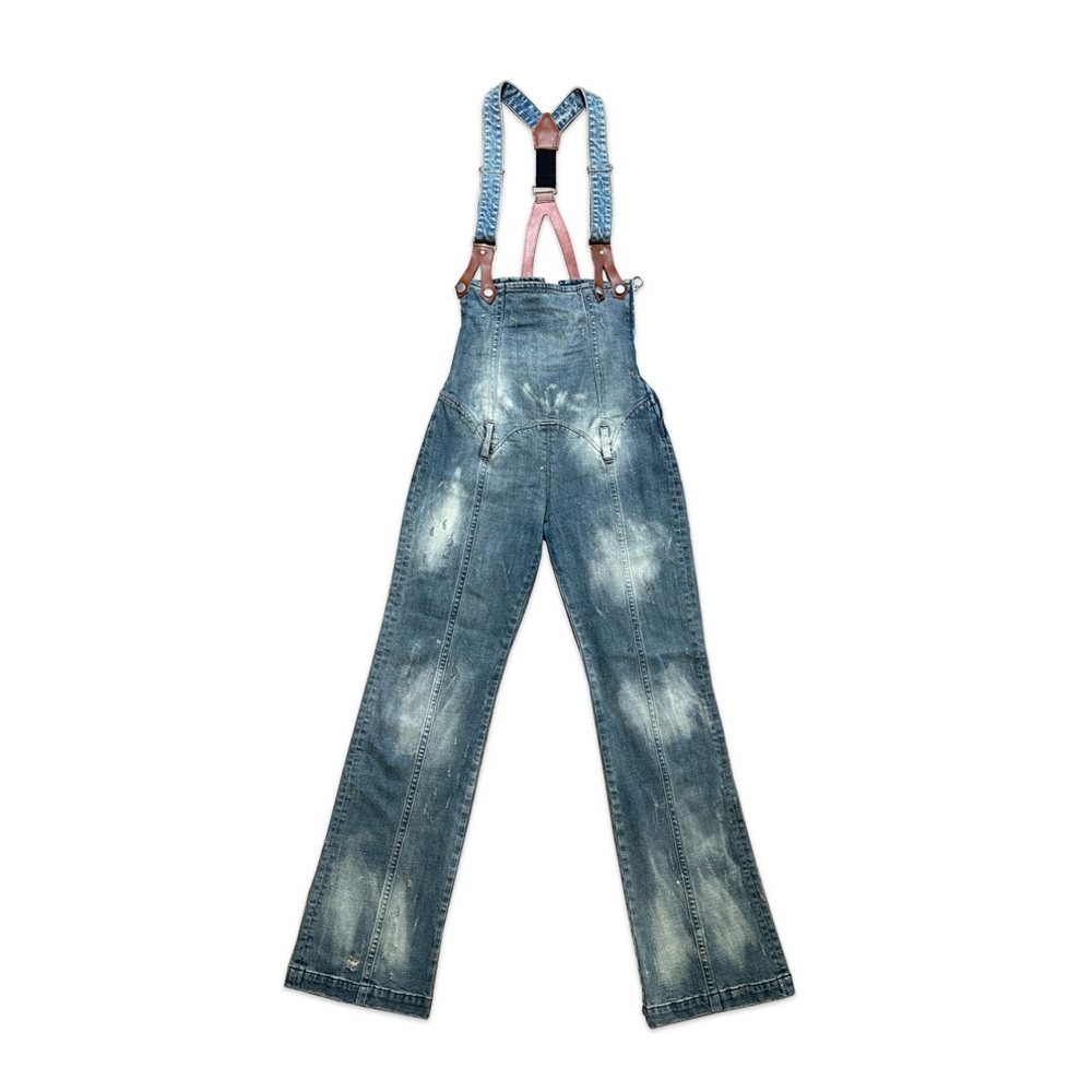 Distressed Blue Denim Overalls with Leather Straps